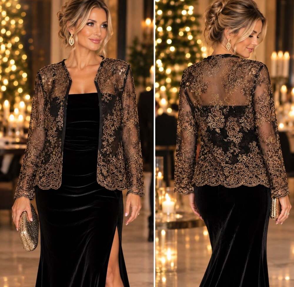 Marisa Baratelli Sheer Lace Blouse Size 8 Black Gold Metallic Floral Jacket